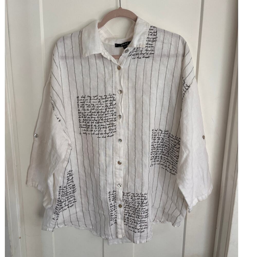 Charlie B Linen Button Down Roll Sleeve Top Shirt White Stripe Writing